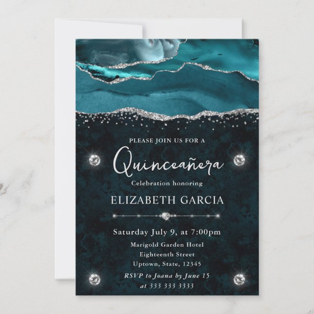 Teal and Silver Glitter Agate Quinceanera Invitation (Front)