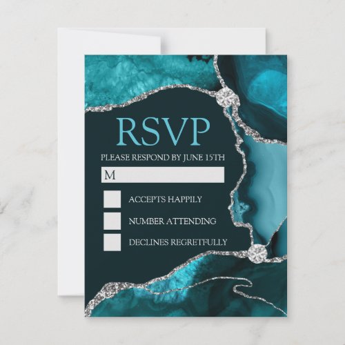 Teal and Silver Glitter Agate Quinceanera RSVP Card