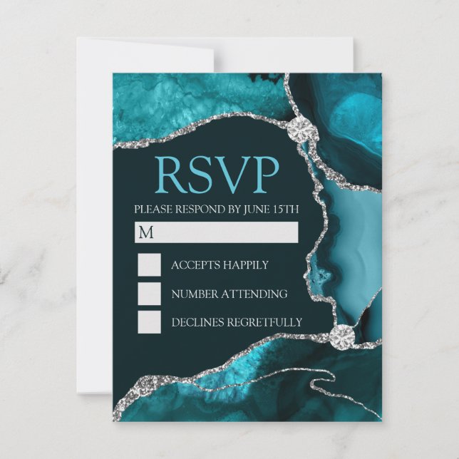 Teal and Silver Glitter Agate Quinceanera RSVP Card (Front)
