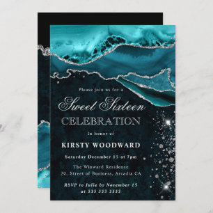 Teal and Silver Glitter Agate Sweet 16 Invitation