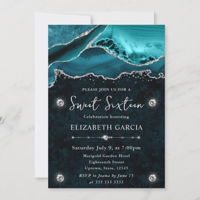 Teal and Silver Glitter Agate Sweet 16 Invitation (Front)