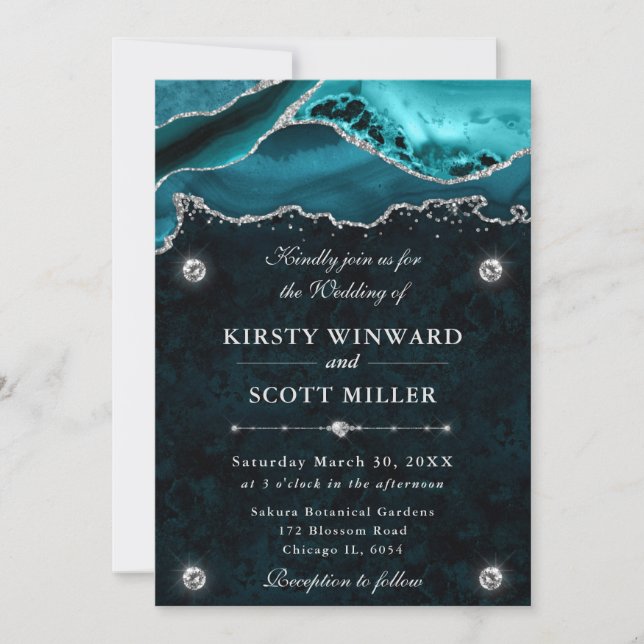 Teal and Silver Glitter Agate Wedding Invitation (Front)