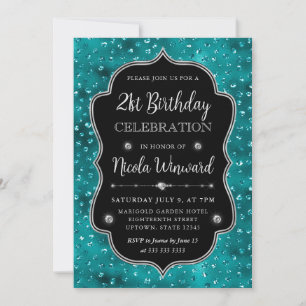 Teal and Silver Glitter Dots Frame Birthday Invitation