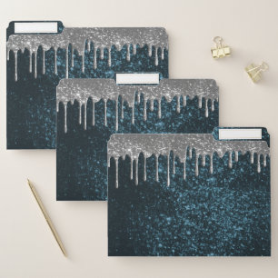 Teal and Silver Glitter Drip File Folder