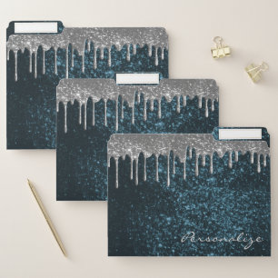 Teal and Silver Glitter Drip - Personalize File Folder