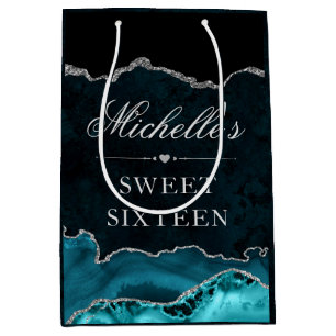 Teal and Silver Glitter Marble Agate Sweet 16 Medium Gift Bag