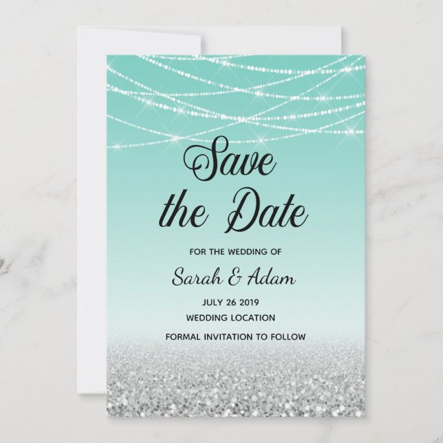 Teal and Silver Glitter Save the Date Card (Front)
