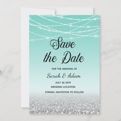 Teal and Silver Glitter Save the Date Card