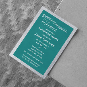Teal and Silver Glitter Surprise Party Birthday Invitation
