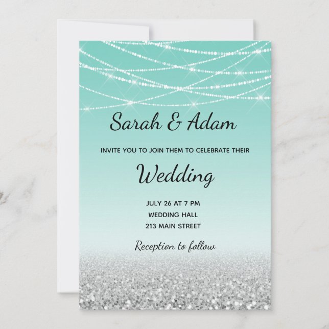 Teal and Silver Glitter Wedding Invitation (Front)