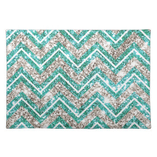 Teal and silver glittery chevron pattern. cloth placemat
