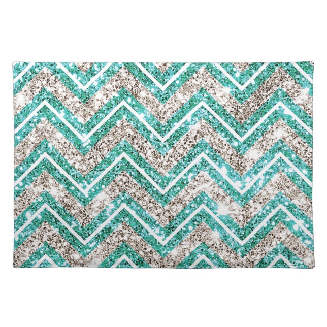Teal and silver glittery chevron pattern. cloth placemat (Front)