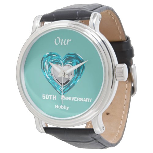 Teal and silver heart 50th wedding anniversary watch