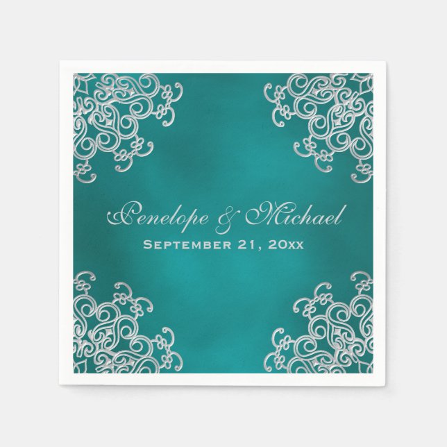 Teal and Silver Indian Style Wedding Paper Napkins (Front)