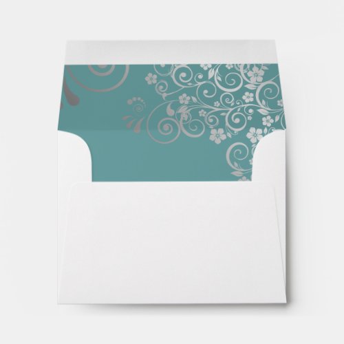 Teal and Silver Lace Inside White Wedding RSVP Envelope
