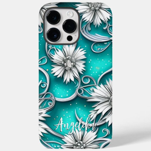 Teal and Silver Modern Abstract Flowers Case_Mate iPhone 14 Pro Max Case