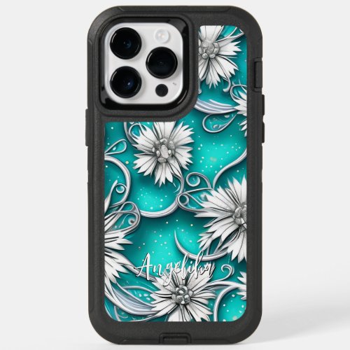 Teal and Silver Modern Abstract Flowers OtterBox iPhone 14 Pro Max Case