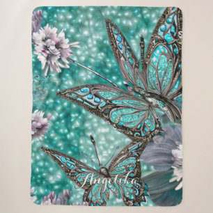 Teal and Silver Personalized Name with Butterfly Sherpa Blanket