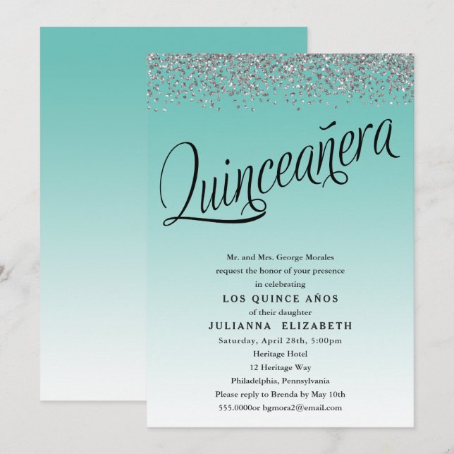 Teal and Silver Quinceanera Birthday Invitation (Front/Back)