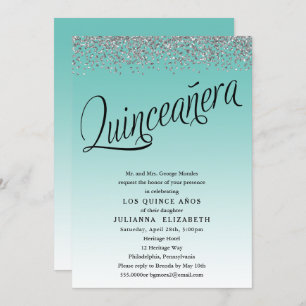 Teal and Silver Quinceanera Birthday Invitation