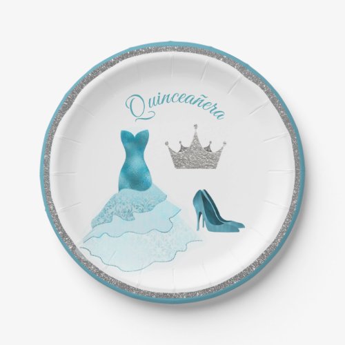 Teal and Silver Quinceaera Paper Plates