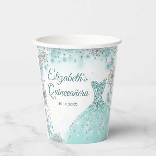 Teal and Silver Snowflake Winter Quinceaera 15th Paper Cups