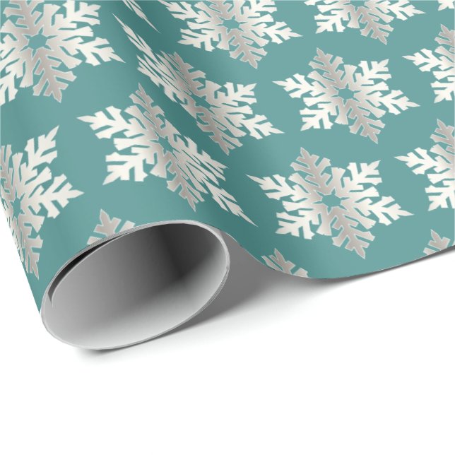 Teal and Silver Snowflakes Wrapping Paper (Roll Corner)