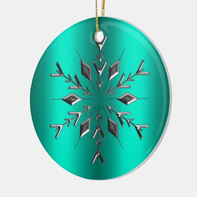 Teal and Silver Star Christmas Ceramic Ornament (Left)