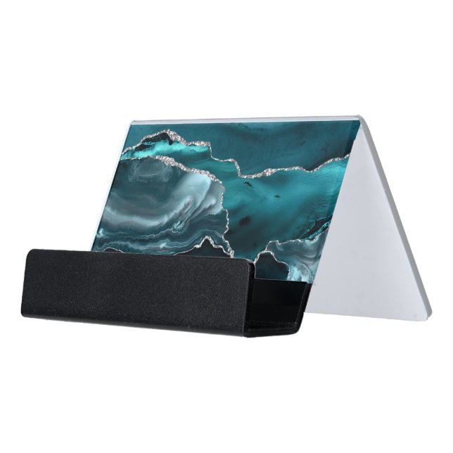 teal and silver watercolor agate  desk business card holder (Angled Front)