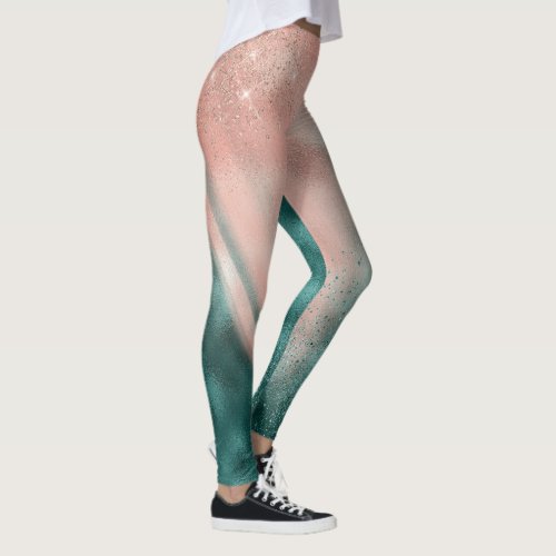 Teal and Soft Blush Pink Ombre Foil Leggings