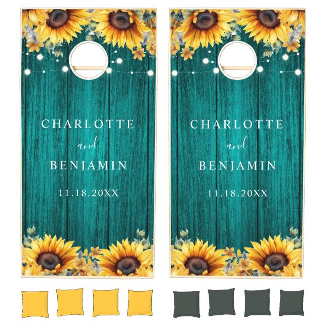 Teal and Sunflower Rustic Wood Wedding Cornhole Set (Set)
