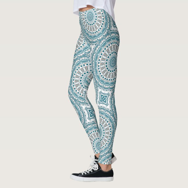 Teal and Tan Abstract Mandala Pattern Leggings (Left)