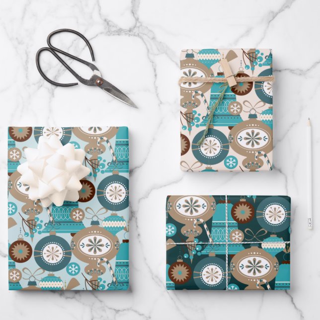 Teal And Tan Christmas Ornaments Wrapping Paper Sheets (Front)