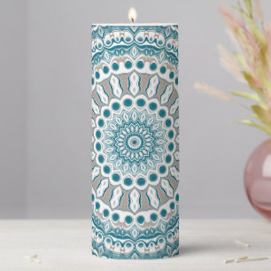 Teal and Tan Geometric Mandala Pattern Pillar Candle