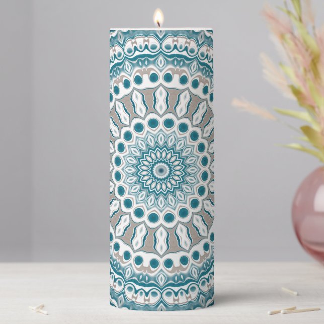 Teal and Tan Geometric Mandala Pattern Pillar Candle (In Situ)