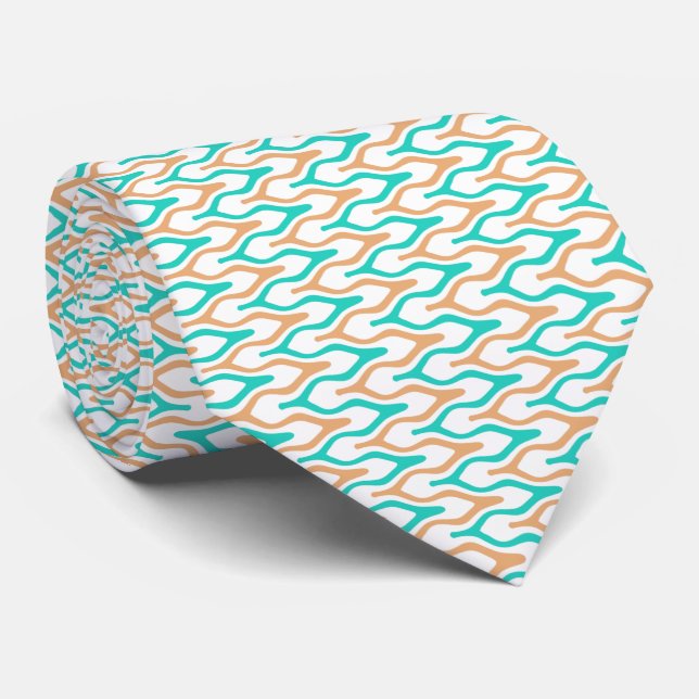 Teal and Tan Wavy Chevron Pattern Neck Tie (Rolled)