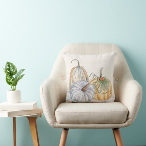Teal and Terracotta Fall Watercolor Pumpkins Throw Pillow