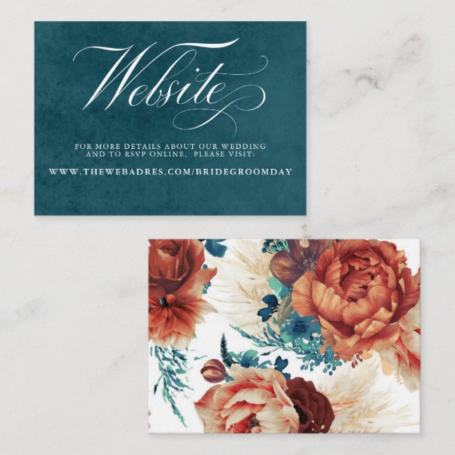 Teal and Terracotta Floral Wedding Website Business Card (Front/Back)