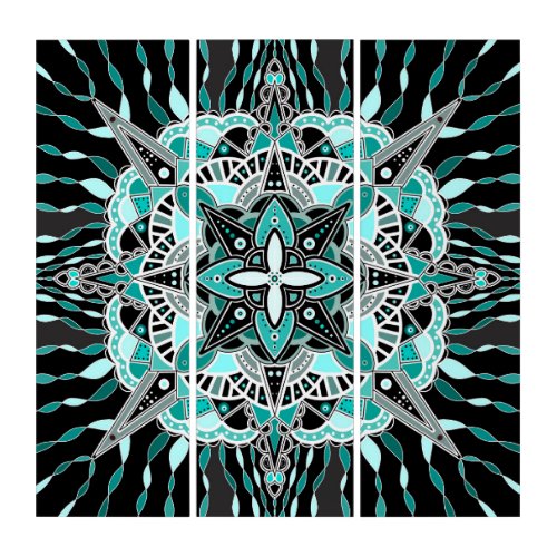 Teal and Turquoise Mandala Abstract Meditative Triptych