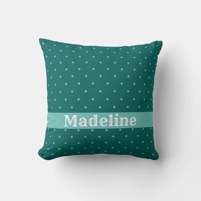 Teal and Turquoise Polka Dots Custom Name Throw Pillow (Front)