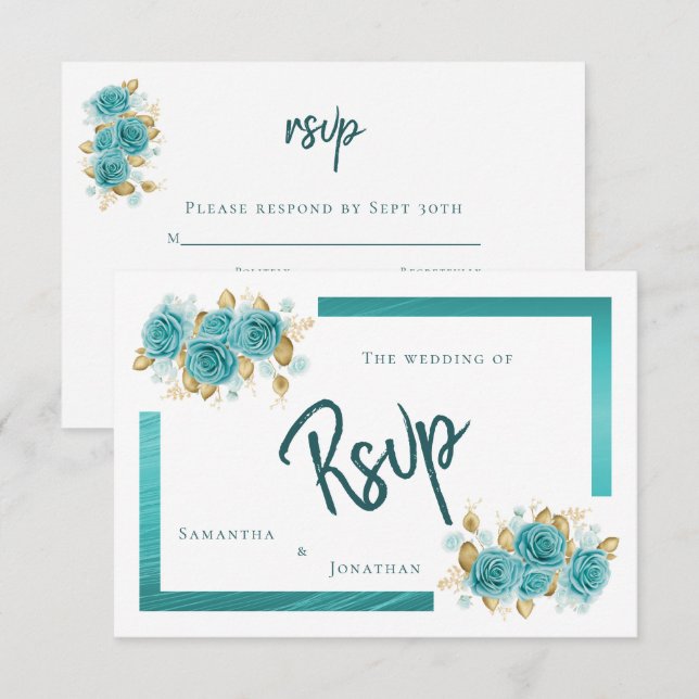 Teal and Turquoise Rose Elegant RSVP Card (Front/Back)
