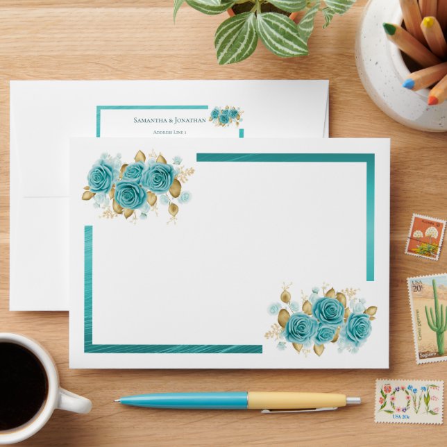 Teal and Turquoise Rose Elegant Wedding Invitation Envelope (Desk)