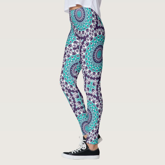 Teal and Violet Abstract Mandala Pattern Leggings (Left)