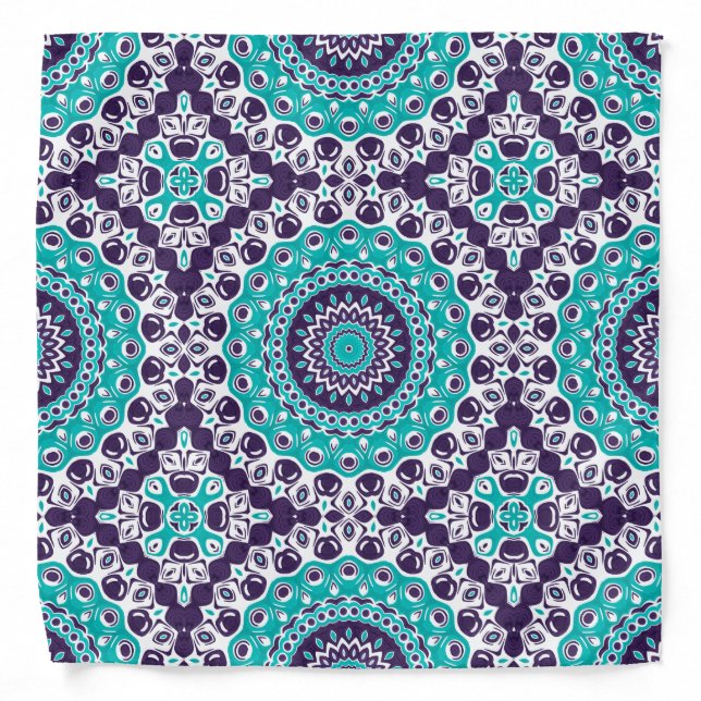 Teal and Violet Modern Mandala Pattern Bandana (Front)