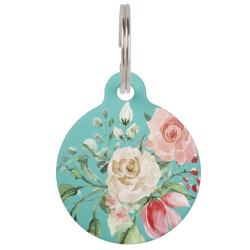 Teal and watercolour floral pet ID tag