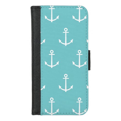 Teal and White Anchors Pattern 1 iPhone 87 Wallet Case