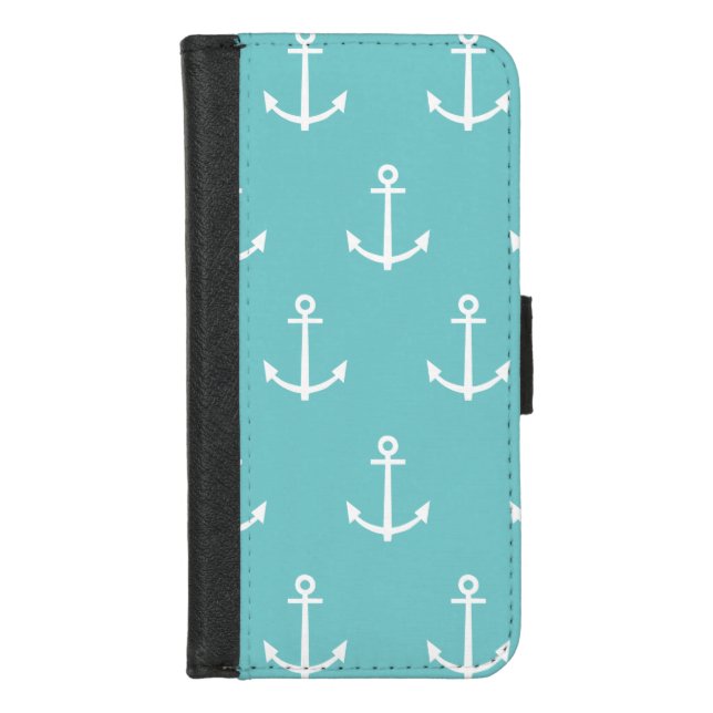Teal and White Anchors Pattern 1 iPhone Wallet Case (Front)