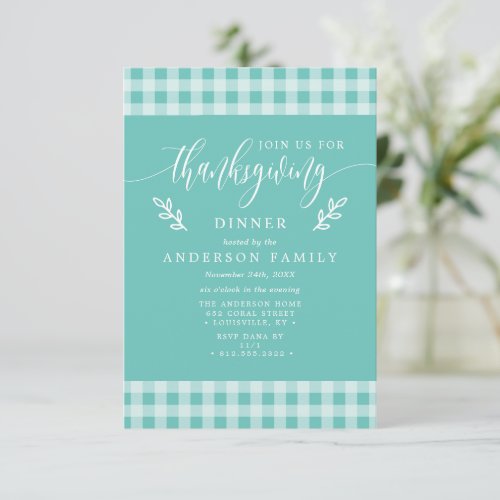 Teal And White Buffalo Check Thanksgiving Dinner Invitation