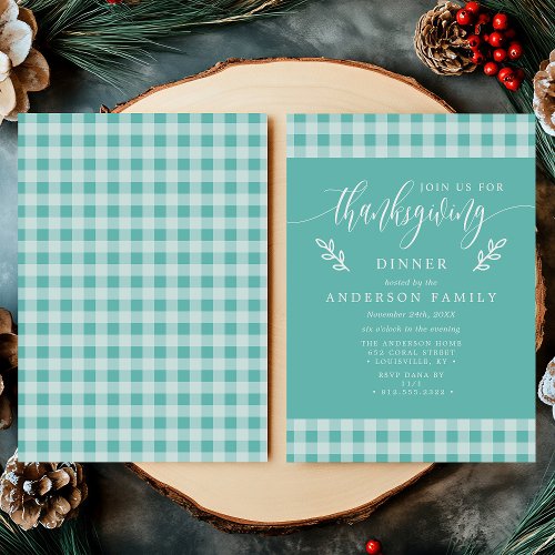 Teal And White Buffalo Check Thanksgiving Dinner Invitation