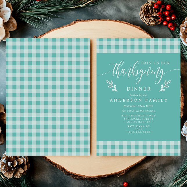 Teal And White Buffalo Check Thanksgiving Dinner Invitation (Creator Uploaded)
